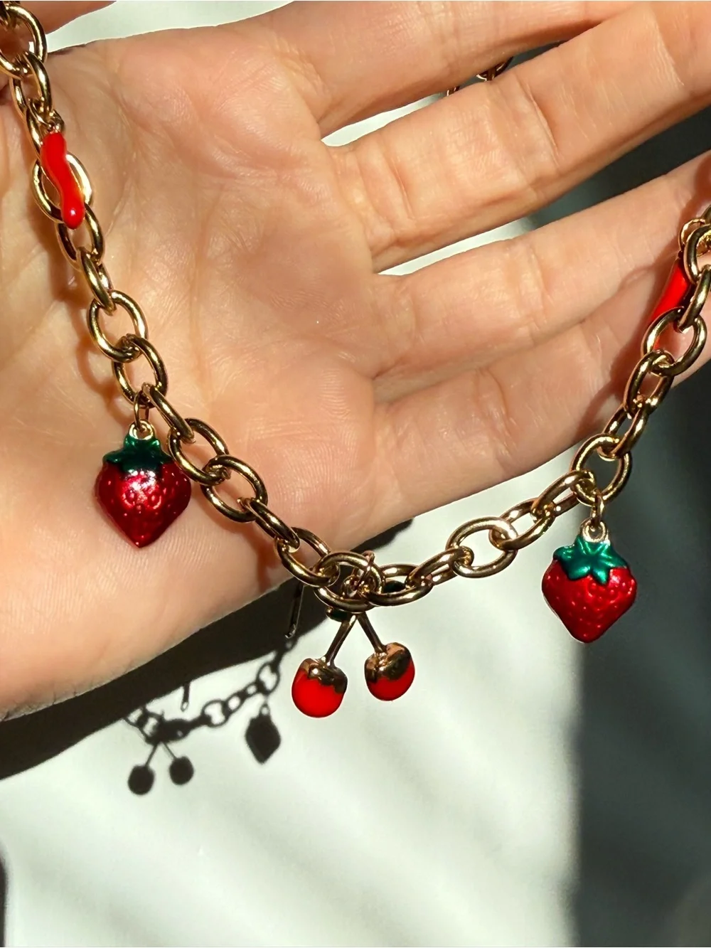 Gold Fruit Charm Necklace & Bracelet Set - Red Strawberry & Cherry